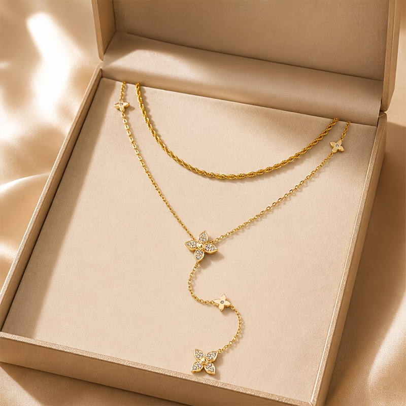 Hollow Rose Inlaid Zirconia Double Layer Stackable Necklace Set